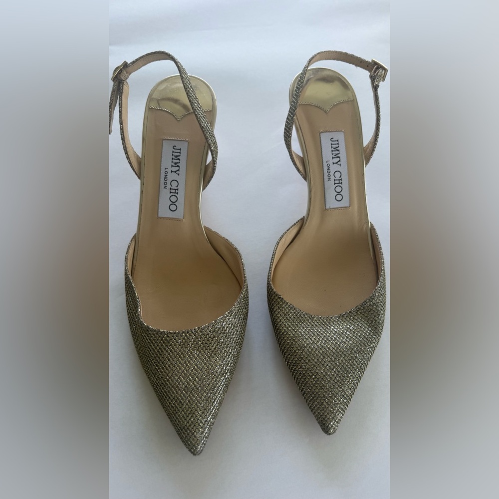 Jimmy Choo Gold Woven Pointed Toe Slingback Kitten Heel Pumps sz 7.5